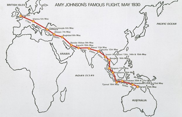 Amy Johnson's record breaking 1930 flight route. (Credit: Getty)