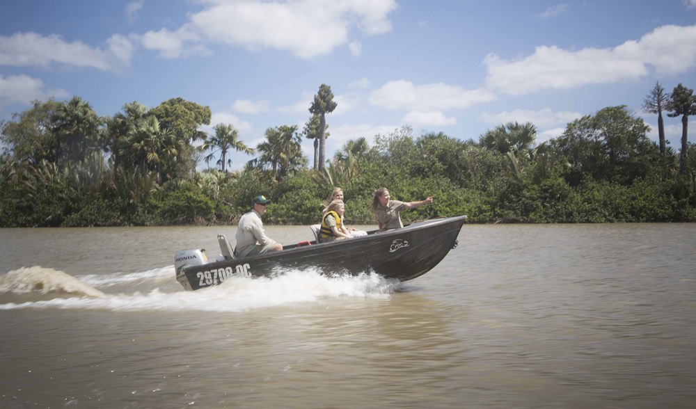 Terri, Bindi and Robert Irwin head west along the Wenlock River to attend the morning's first crocodile capture. Toby Millard is on the tiller.
