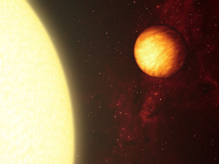 An artist’s impression of a hot Jupiter, Upsilon Andromedae b, about to pass behind the disk of its host star.