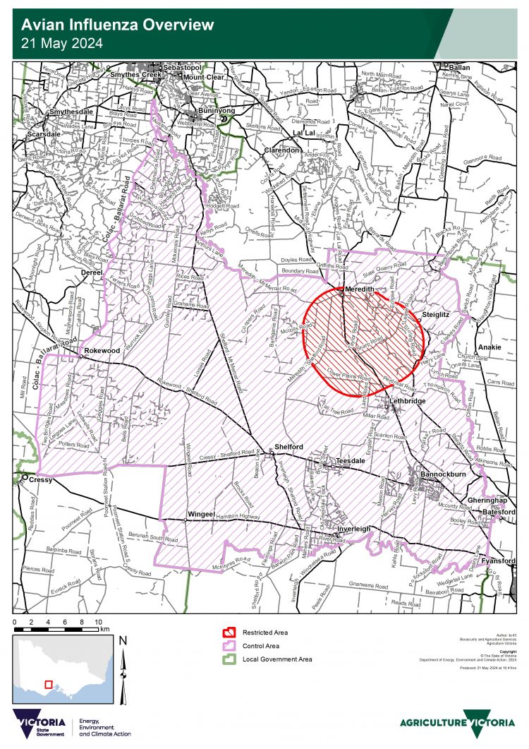 A map showing travel restrictions put in place by the Victorian Department of Agriculture after an outbreak of bird flu near the town of Meredith.