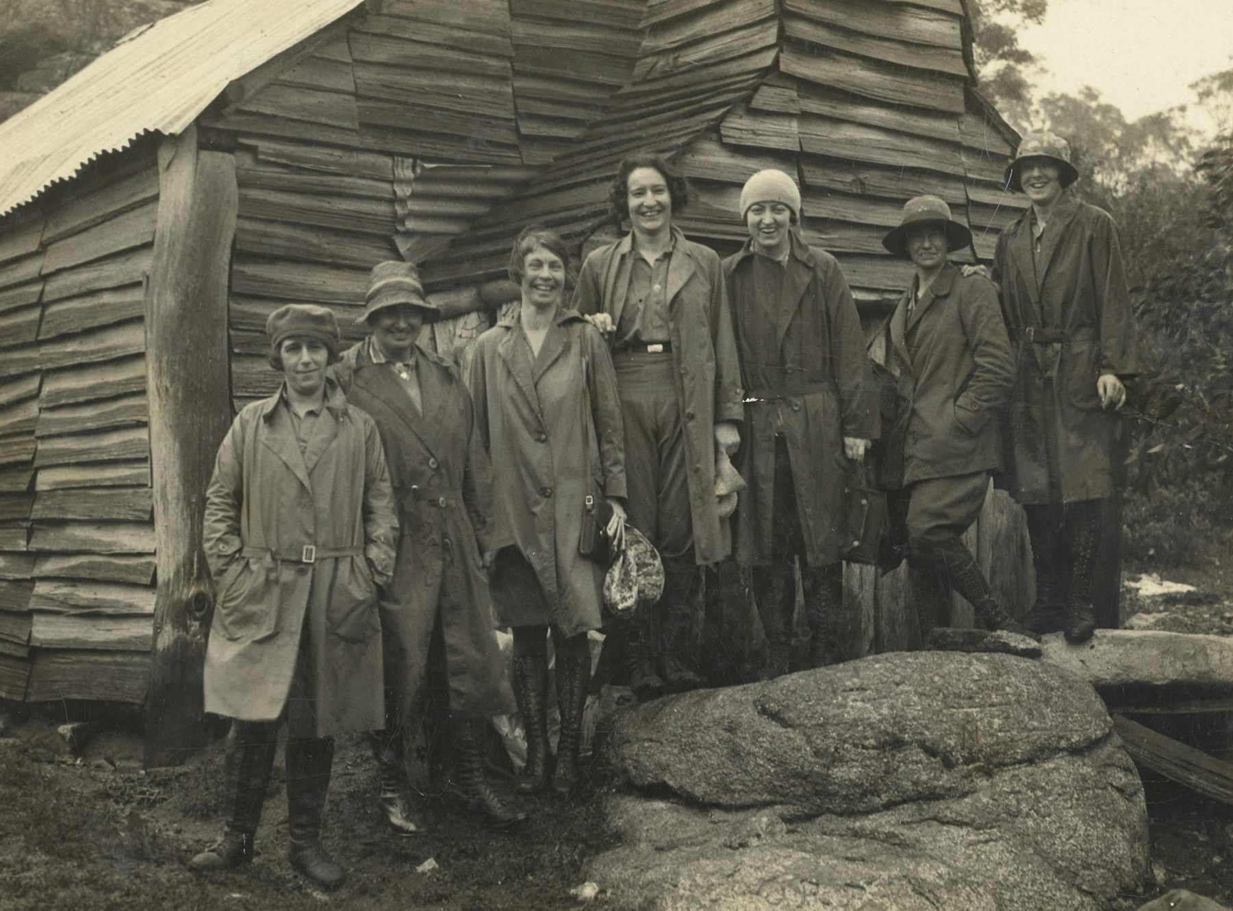 Gladys Knight, Shadder (Annie) Creaton, Merle Griffin, Alma Broad (nee Meddows), Pat Patterson (the leader of the group), Gretchen Fordyce and Molly Hill at the Tawonga shelter on Christmas Day 1928